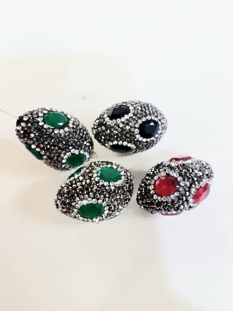 Ruby (20x31mm),sapphire (22x31mm),Emerald (22x34mm) crystal quartz pave inlaid with black, white crystal oval connector, Focal bead, Bling