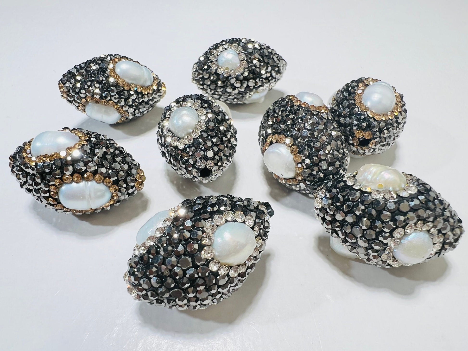 Freshwater Keshi Pearl, Inlaid Black Rhinestone Crystal Handmade Fancy Focal Bead, 17x24mm, 1 pc, Jewelry Making Bling Oval Spacer Bead