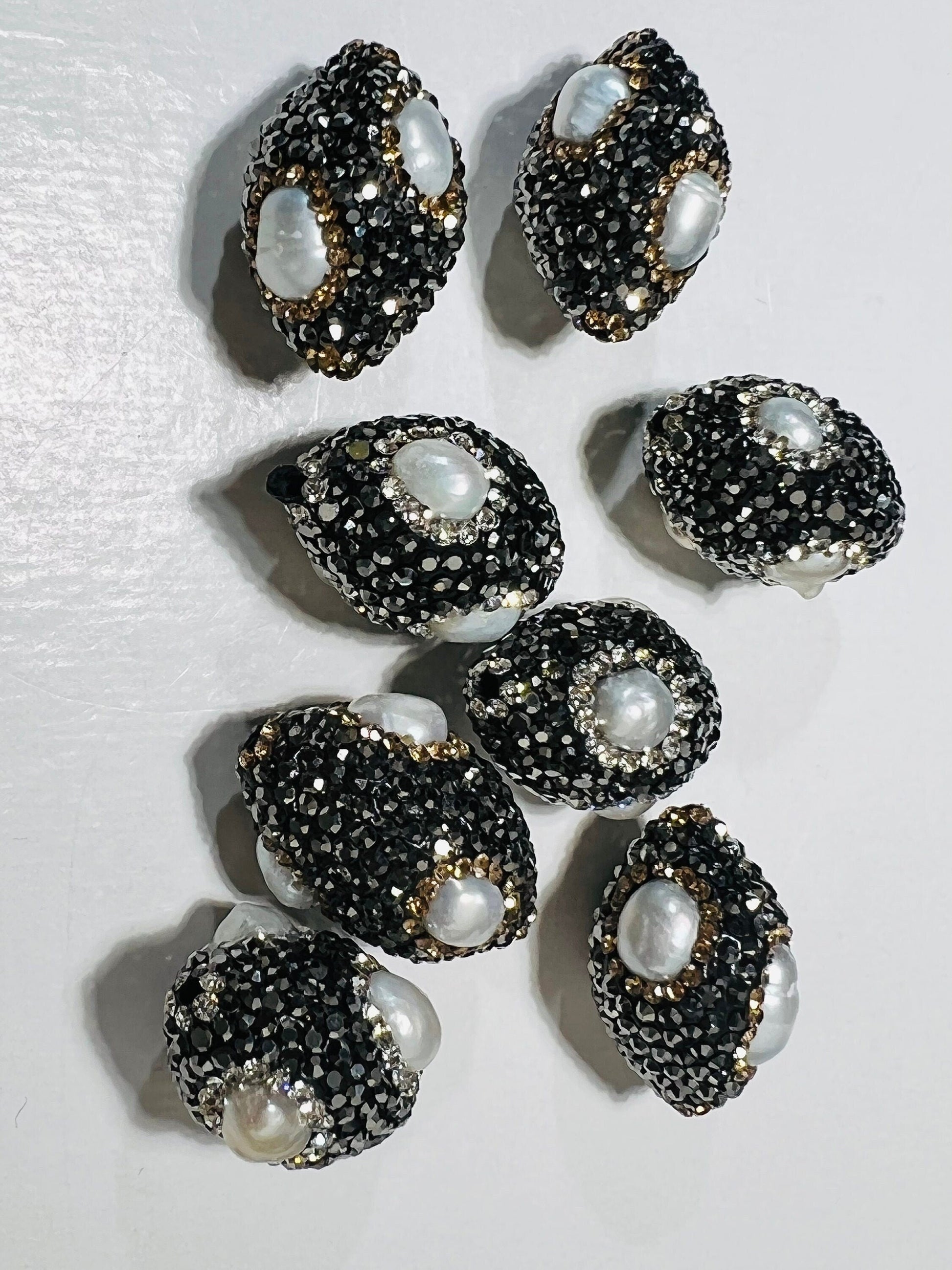 Freshwater Keshi Pearl, Inlaid Black Rhinestone Crystal Handmade Fancy Focal Bead, 17x24mm, 1 pc, Jewelry Making Bling Oval Spacer Bead