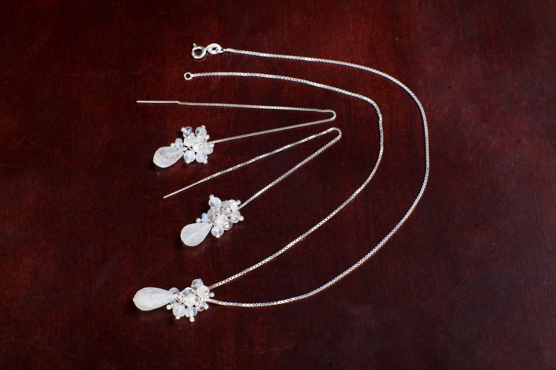 Moonstone Earrings Necklace Set, Moonstone 5" Long Threader Earrings & Pendant with Moonstone Clusters, 925 Sterling Silver Ear Wire, Chain