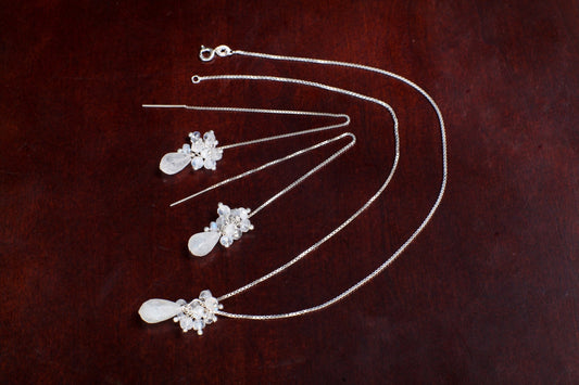 Moonstone Earrings Necklace Set, Moonstone 5" Long Threader Earrings & Pendant with Moonstone Clusters, 925 Sterling Silver Ear Wire, Chain