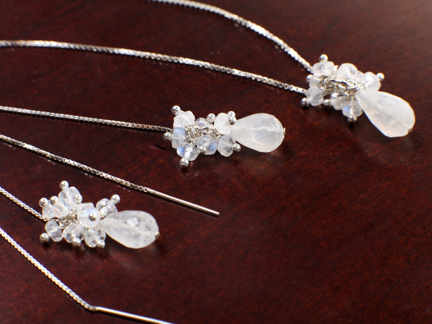 Moonstone Earrings Necklace Set, Moonstone 5" Long Threader Earrings & Pendant with Moonstone Clusters, 925 Sterling Silver Ear Wire, Chain