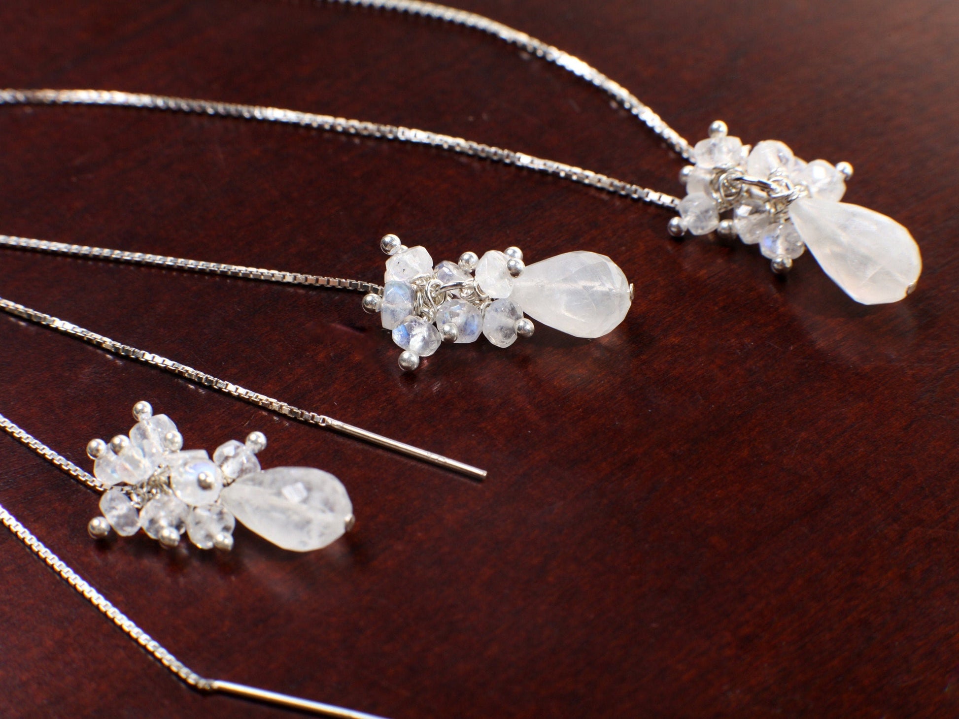 Moonstone Earrings Necklace Set, Moonstone 5" Long Threader Earrings & Pendant with Moonstone Clusters, 925 Sterling Silver Ear Wire, Chain