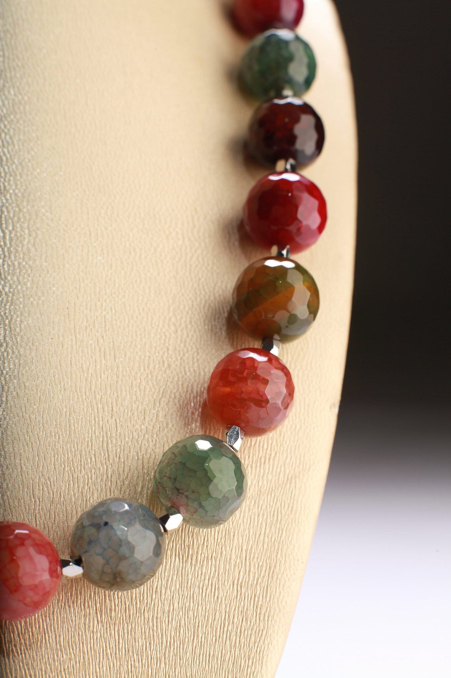 Faceted Fire Agate Natural Multi color 14mm Round Bead 20&quot; Gemstones Necklace plus 2”Extension Chain