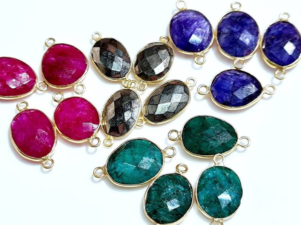 Ruby Sapphire, Emerald, Pyrite Faceted Oval 12-15x20mm Connector, Pendant, Focal Bead, Jewelry Making Piece