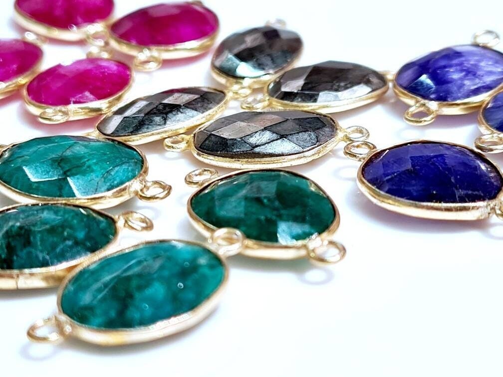 Ruby Sapphire, Emerald, Pyrite Faceted Oval 12-15x20mm Connector, Pendant, Focal Bead, Jewelry Making Piece