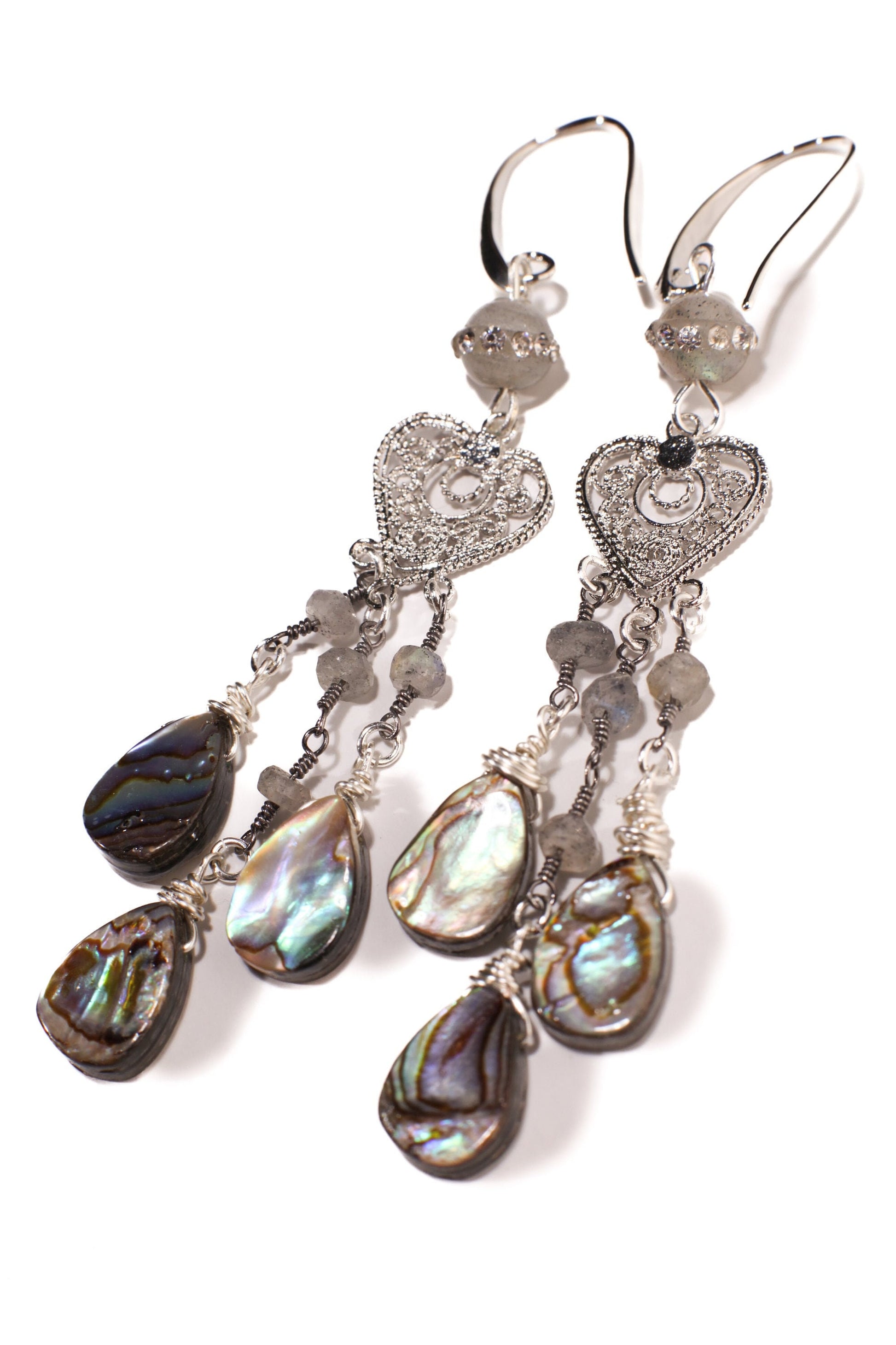 Genuine Abalone Teardrop Dangling Filigree Chandelier Heart, Faceted Labradorite Wire Wrapped Silver Earrings, Handmade Gift for Her