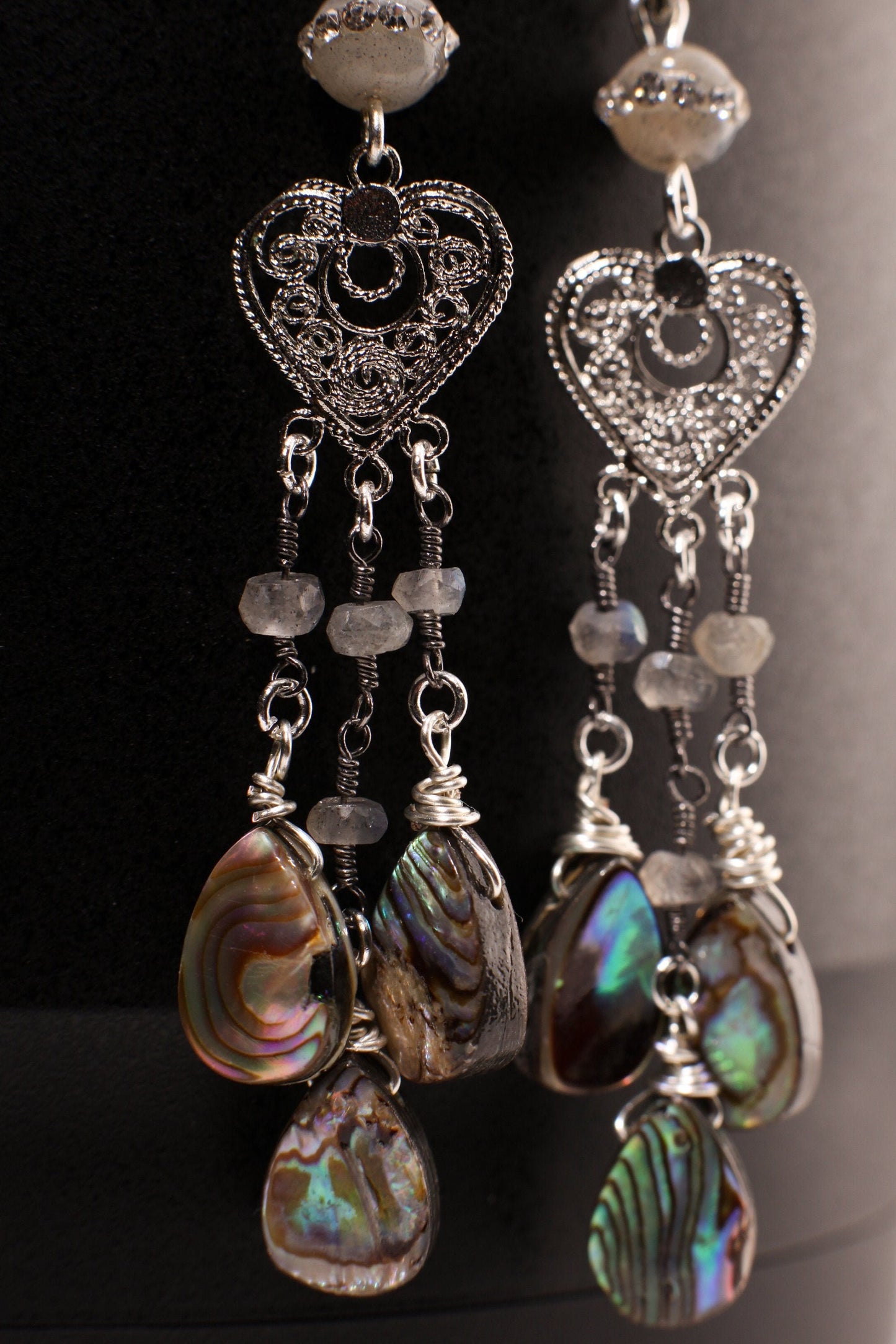 Genuine Abalone Teardrop Dangling Filigree Chandelier Heart, Faceted Labradorite Wire Wrapped Silver Earrings, Handmade Gift for Her