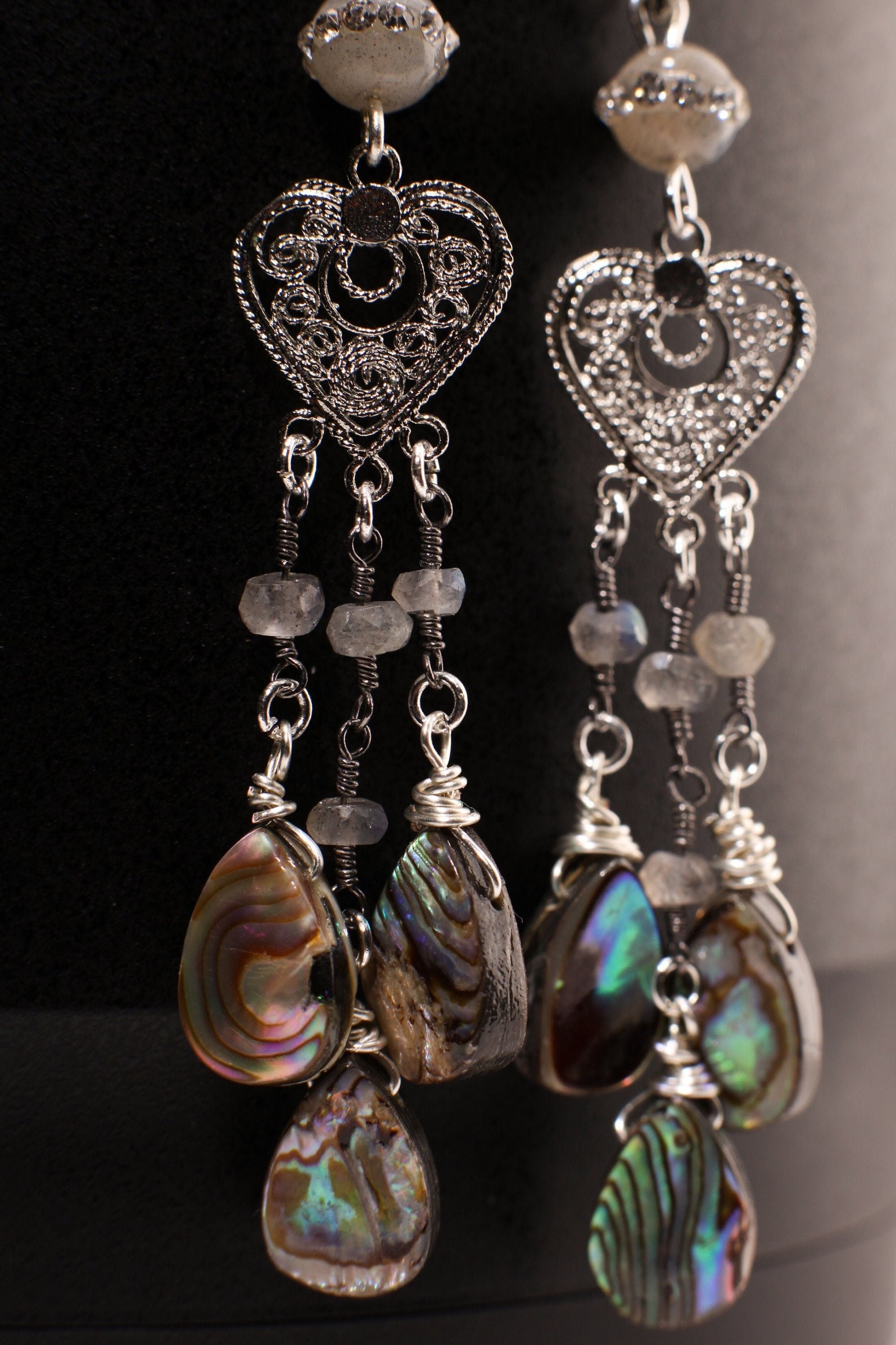 Genuine Abalone Teardrop Dangling Filigree Chandelier Heart, Faceted Labradorite Wire Wrapped Silver Earrings, Handmade Gift for Her