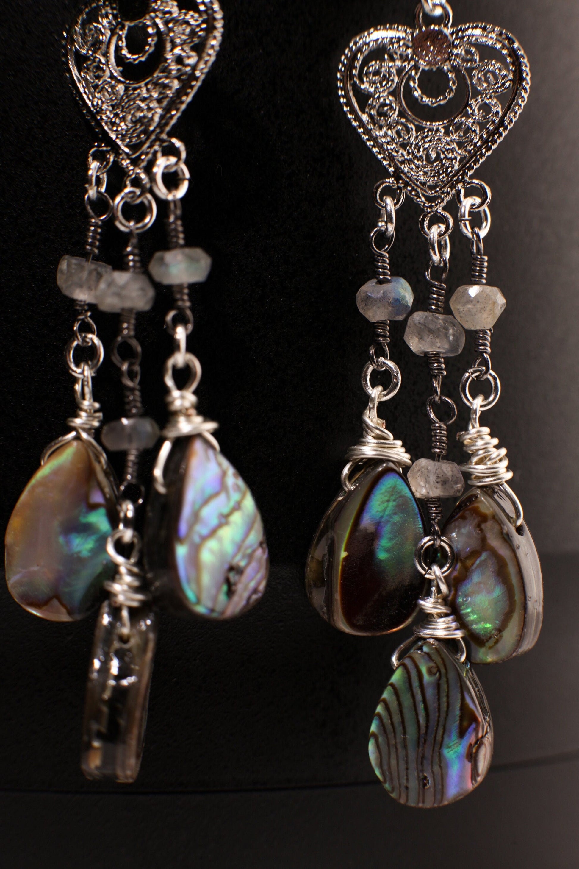 Genuine Abalone Teardrop Dangling Filigree Chandelier Heart, Faceted Labradorite Wire Wrapped Silver Earrings, Handmade Gift for Her