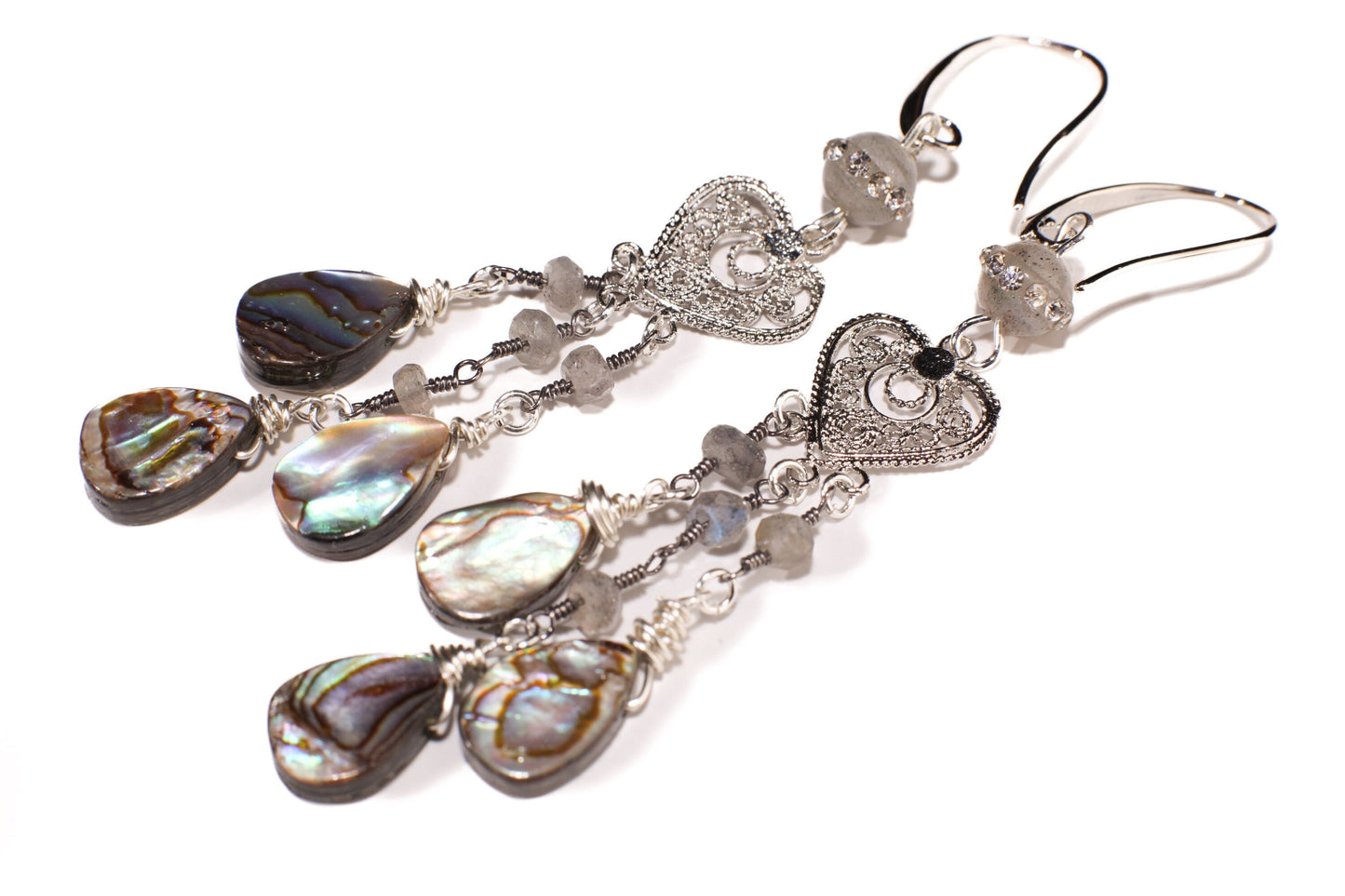 Genuine Abalone Teardrop Dangling Filigree Chandelier Heart, Faceted Labradorite Wire Wrapped Silver Earrings, Handmade Gift for Her