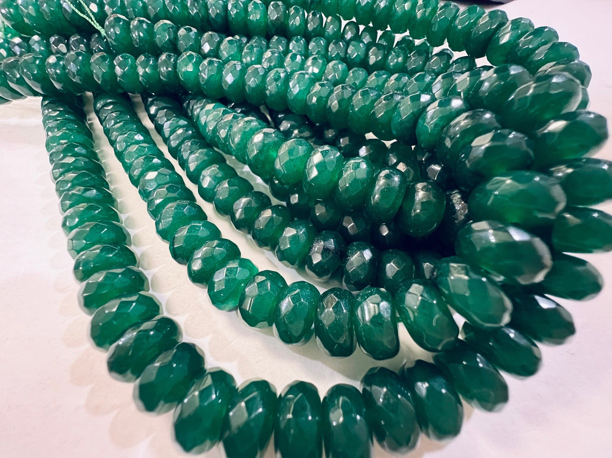 Green jade Faceted wheel shape, Tire Shape Roundel 10mm, Dark emerald green color Green onyx Jewelry Making Beads , 6.5”and 13&quot; strand