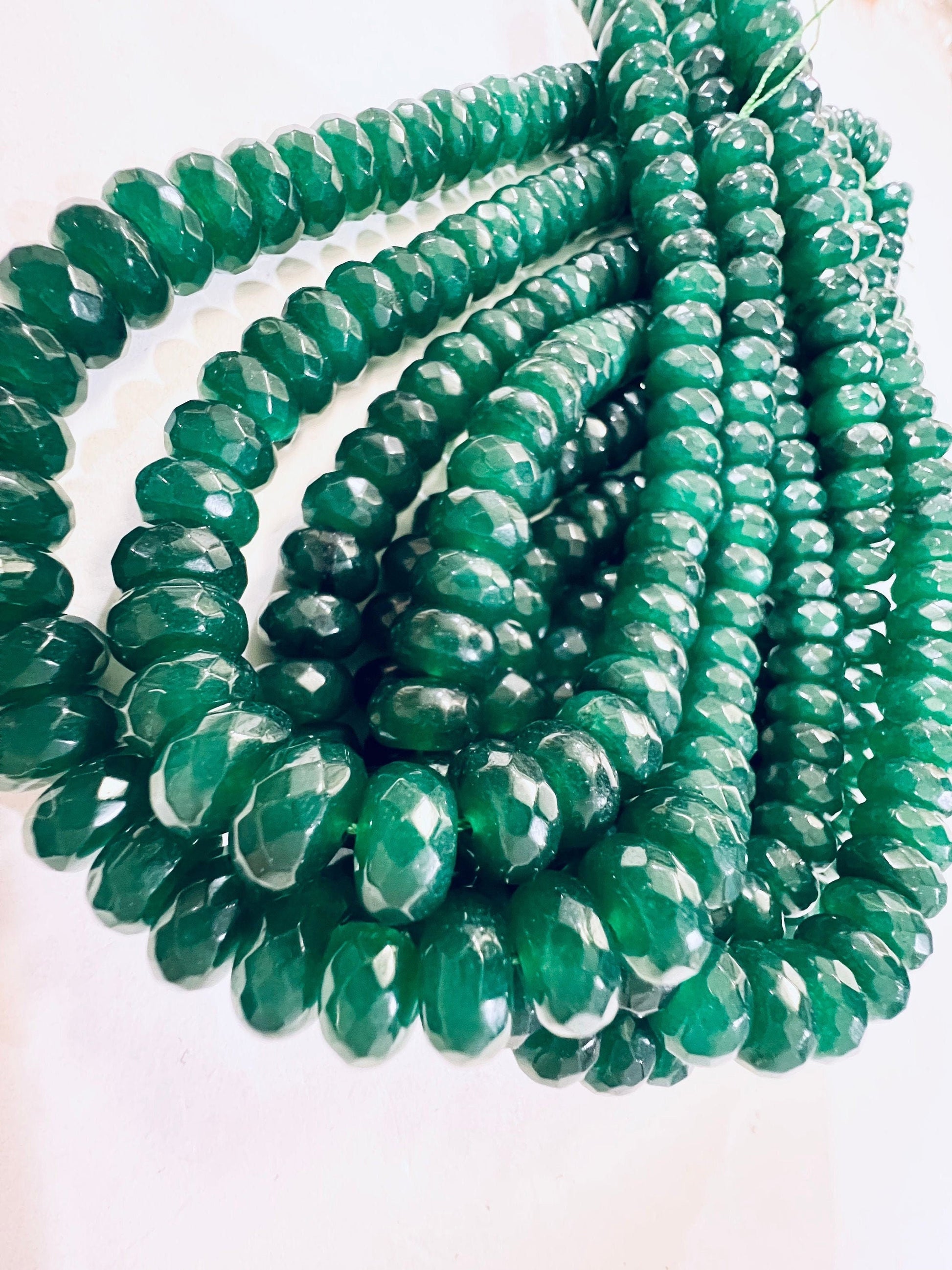 Green jade Faceted wheel shape, Tire Shape Roundel 10mm, Dark emerald green color Green onyx Jewelry Making Beads , 6.5”and 13&quot; strand