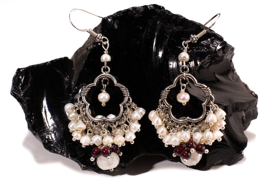 Fresh Water Pearl Clusters Chandelier Earrings Dangling 9mm Moonstone Rondel with Garnet Round Bead, 925 sterling silver Bali earwire. Gift