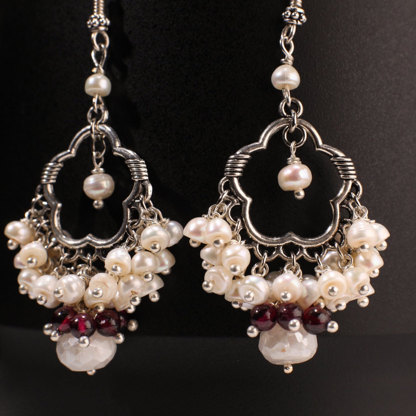 Fresh Water Pearl Clusters Chandelier Earrings Dangling 9mm Moonstone Rondel with Garnet Round Bead, 925 sterling silver Bali earwire. Gift