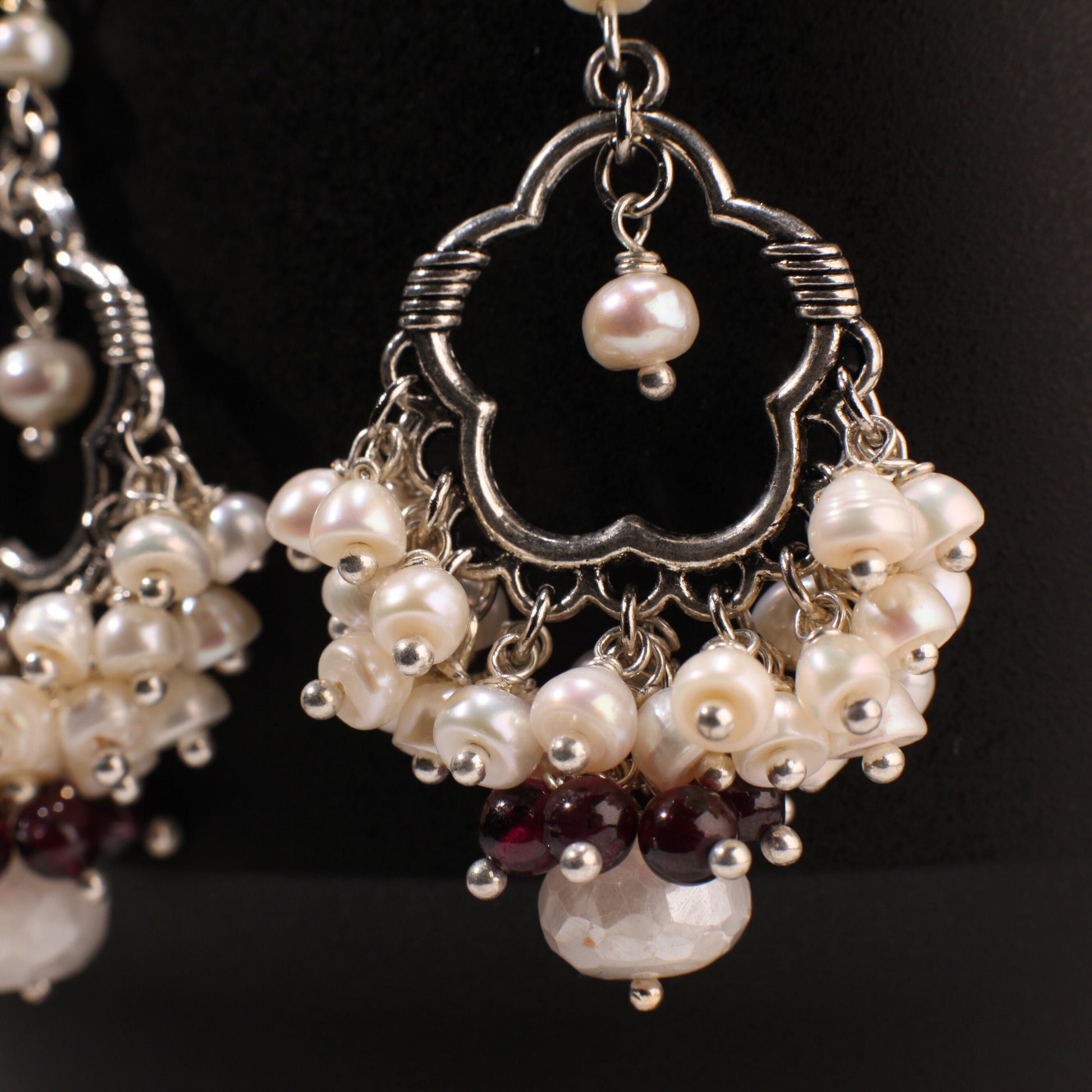 Fresh Water Pearl Clusters Chandelier Earrings Dangling 9mm Moonstone Rondel with Garnet Round Bead, 925 sterling silver Bali earwire. Gift