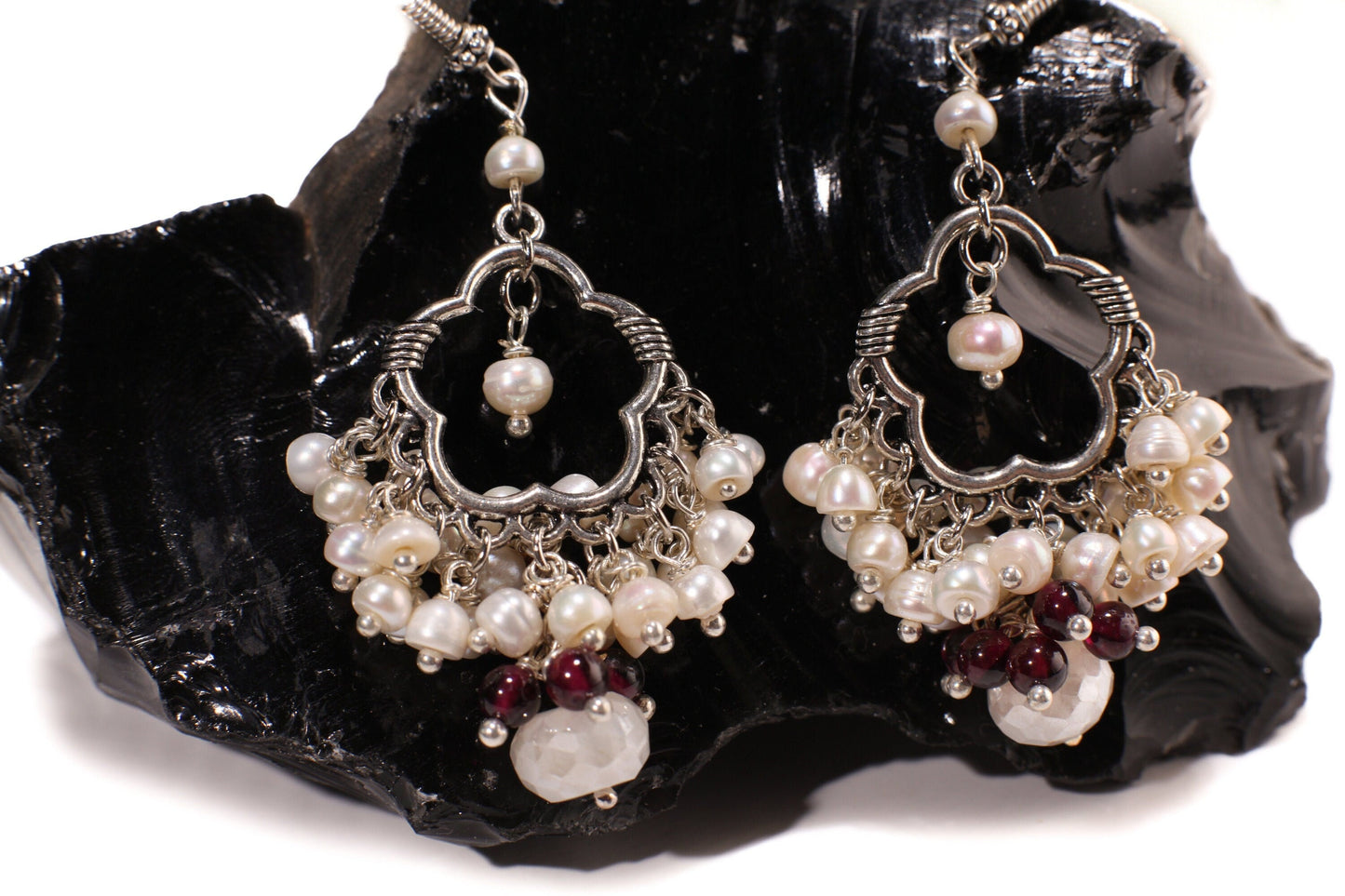 Fresh Water Pearl Clusters Chandelier Earrings Dangling 9mm Moonstone Rondel with Garnet Round Bead, 925 sterling silver Bali earwire. Gift