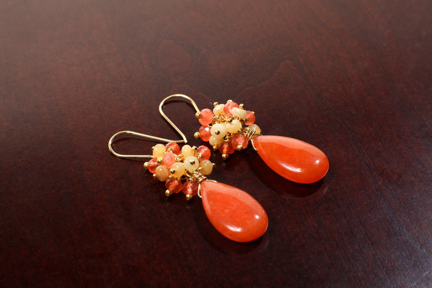 Carnelian, Ethiopian Opal Clusters, Carnelian Large Pear Drop Wire Wrapped in. 14k Gold filled earring Handmade Gift