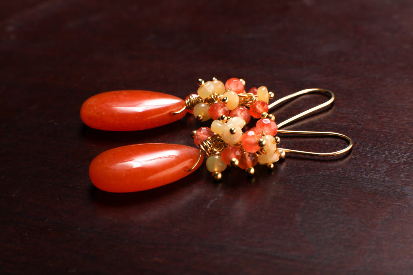 Carnelian, Ethiopian Opal Clusters, Carnelian Large Pear Drop Wire Wrapped in. 14k Gold filled earring Handmade Gift