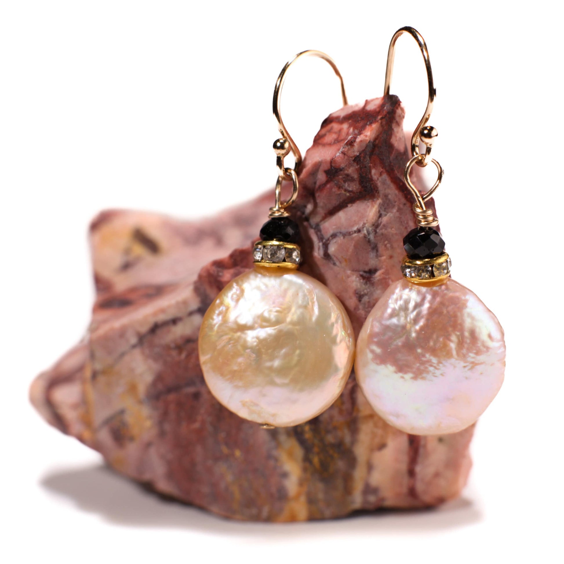 Natural Freshwater 13mm Coin Pearl.Peachy pink High Luster Dangling Wire Wrapped, Gold Filled or Sterling Silver earrings