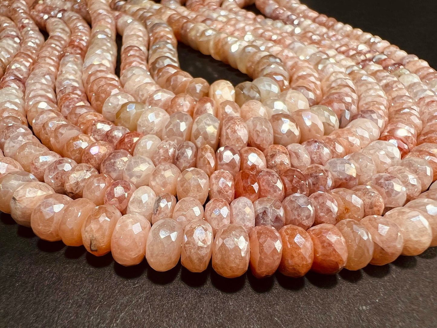 Natural bio peach Moonstone multi tone peach and baby pink shaded mystic 7-9.5mm roundel, Jewelry making super beautiful beads, 8&quot; strand