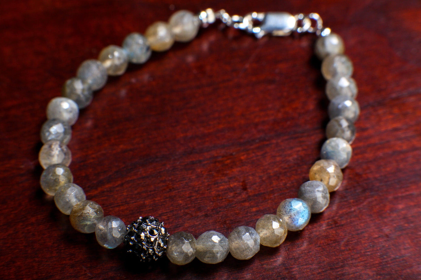 Labradorite Faceted Round 6mm Bracelet in 925 Sterling Silver Clasp, Natural Precious gift for her.