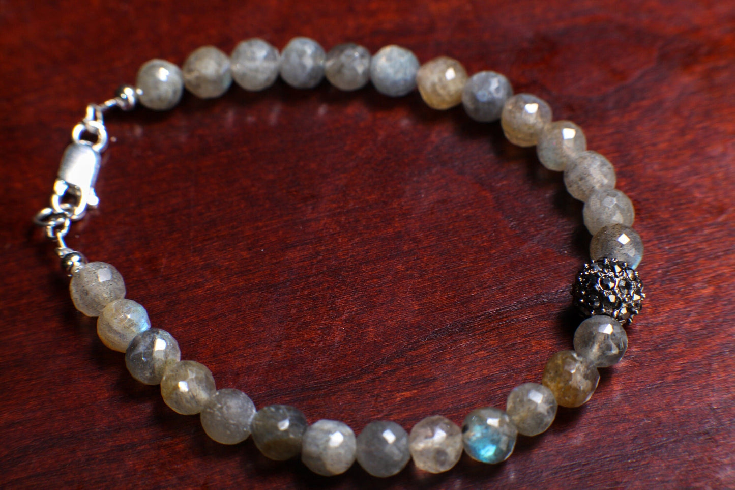 Labradorite Faceted Round 6mm Bracelet in 925 Sterling Silver Clasp, Natural Precious gift for her.