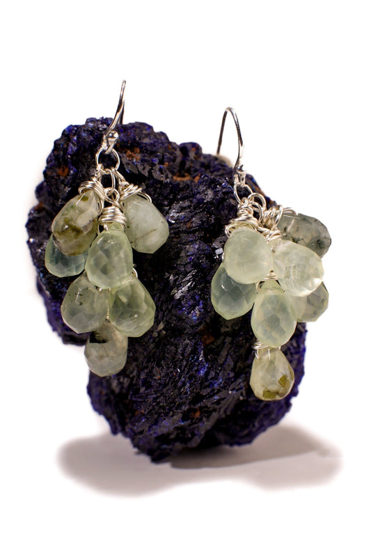 Natural Prehnite, Tourmalinated Quartz 6x9mm Faceted Briolette Drop Handmade Wire Wrap in Sterling Silver Earring