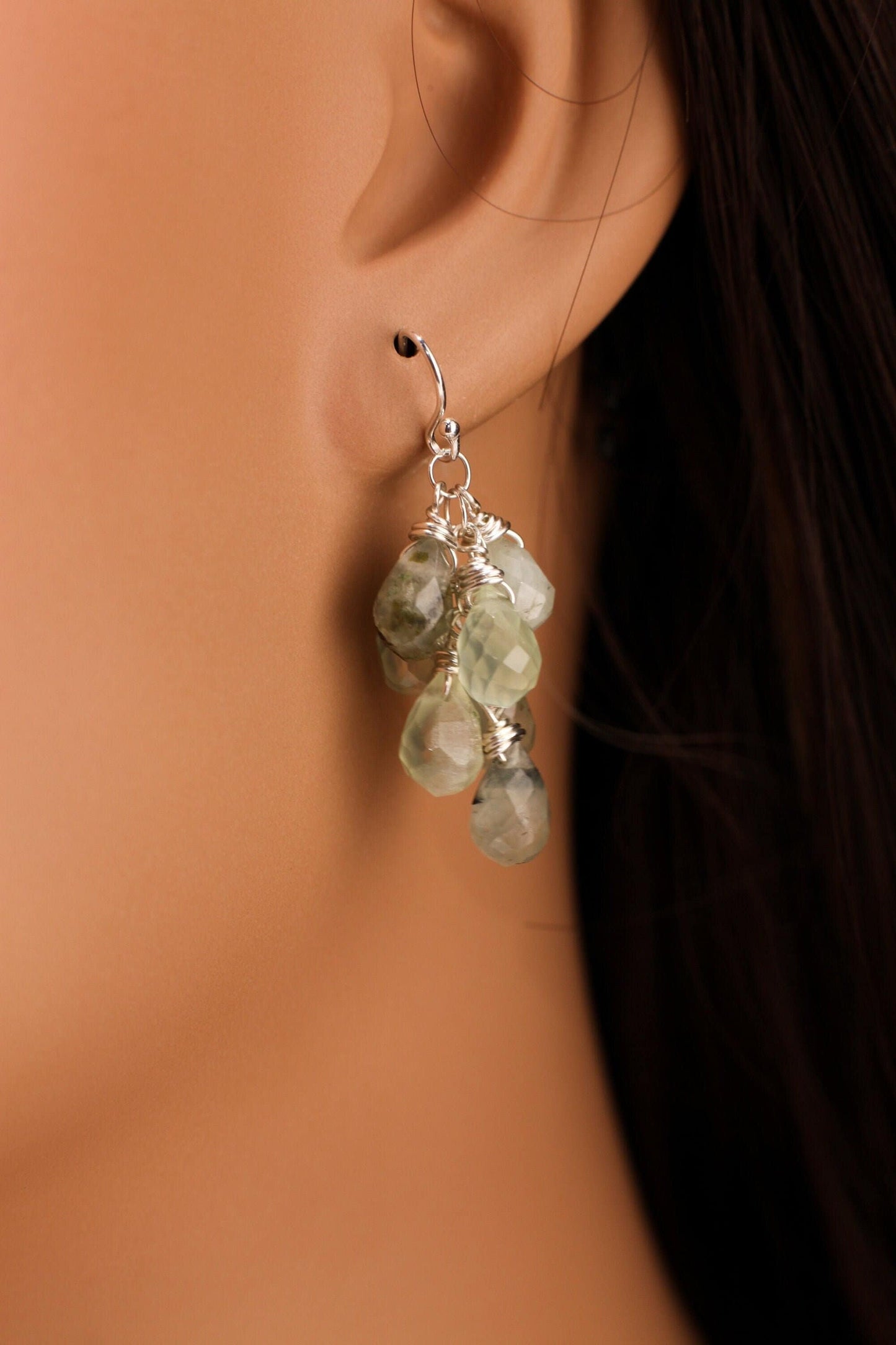 Natural Prehnite, Tourmalinated Quartz 6x9mm Faceted Briolette Drop Handmade Wire Wrap in Sterling Silver Earring