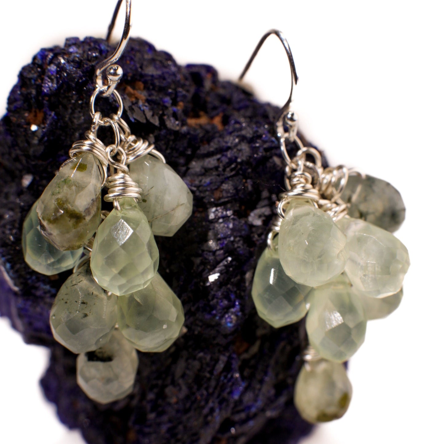 Natural Prehnite, Tourmalinated Quartz 6x9mm Faceted Briolette Drop Handmade Wire Wrap in Sterling Silver Earring