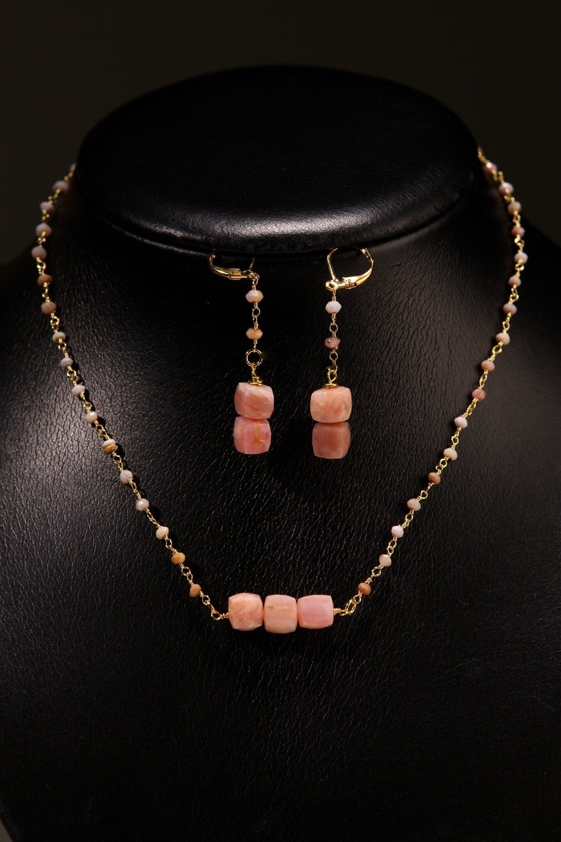 Natural Pink Peruvian Opal 8mm Cube Wire Wrapped, Pink Peruvian Opal Beaded Chain, Matching Leverback Earrings Set, Beautiful Pink Necklace