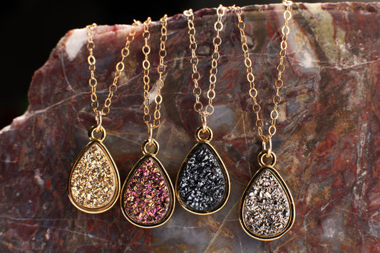 Druzy Geode Gemstone Pendant in 4 colors of Purple, Gold, Silver, Dark Navy Blue Sparkly, 14K Gold Filled Chain, 14&quot;, 16&quot;, 18&quot;,20&quot; Necklace