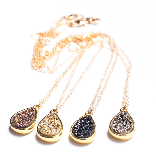 Druzy Geode Gemstone Pendant in 4 colors of Purple, Gold, Silver, Dark Navy Blue Sparkly, 14K Gold Filled Chain, 14&quot;, 16&quot;, 18&quot;,20&quot; Necklace