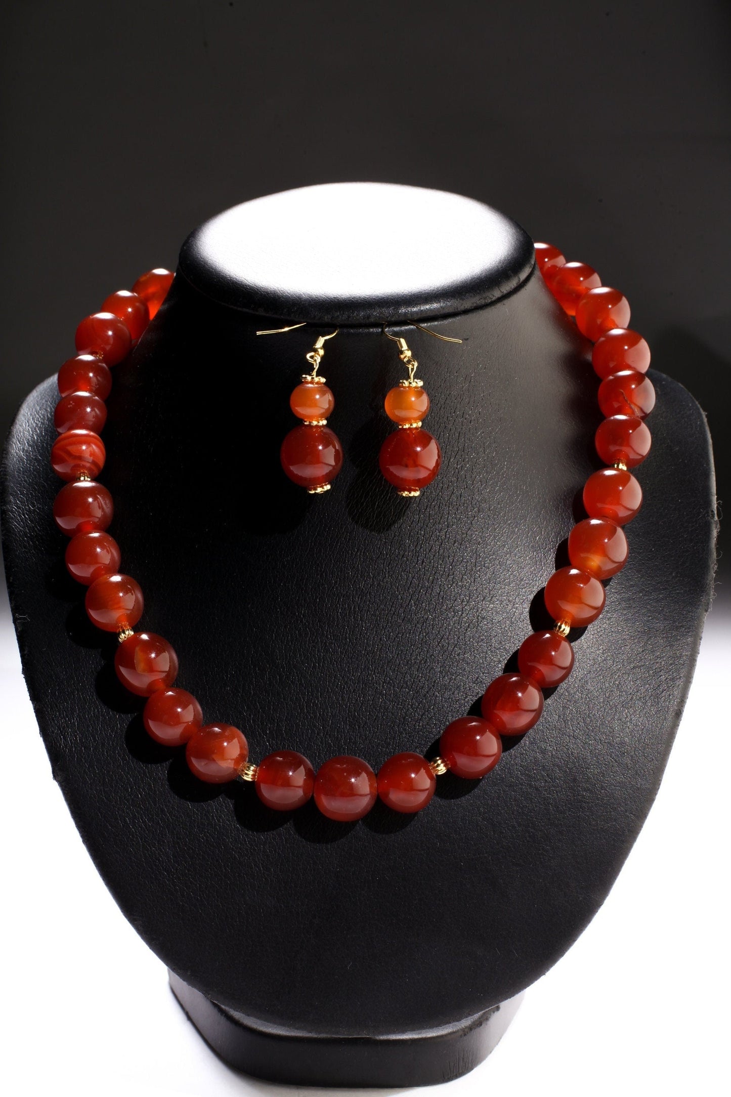 Natural Carnelian Agate Necklace Earrings Set, 14mm smooth Round with Matching Earrings Healing Gemstones