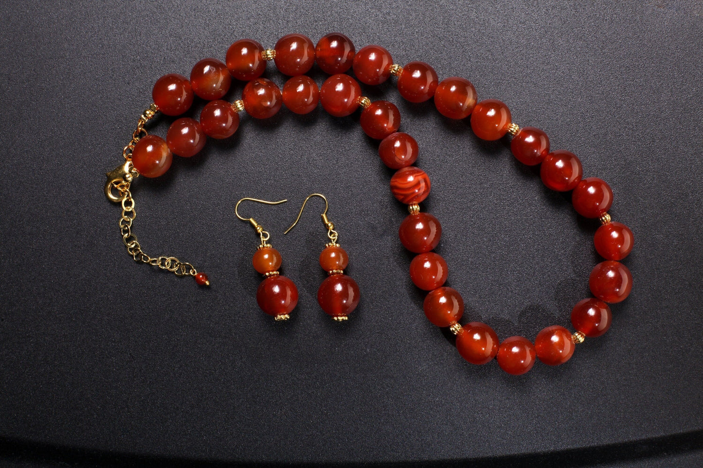 Natural Carnelian Agate Necklace Earrings Set, 14mm smooth Round with Matching Earrings Healing Gemstones