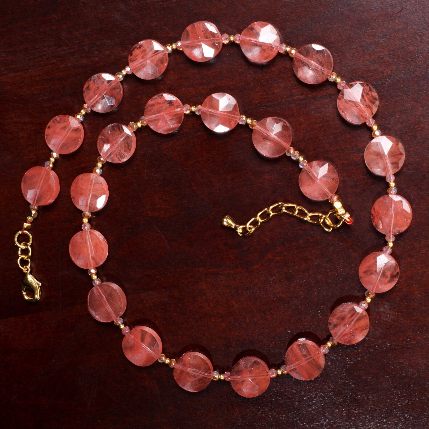 Watermelon Quartz Faceted 12mm Coin Shape in Strawberry Quartz 18.5&quot; Gold Necklace with 1.5&quot; Extension, Beautiful Summer Collection