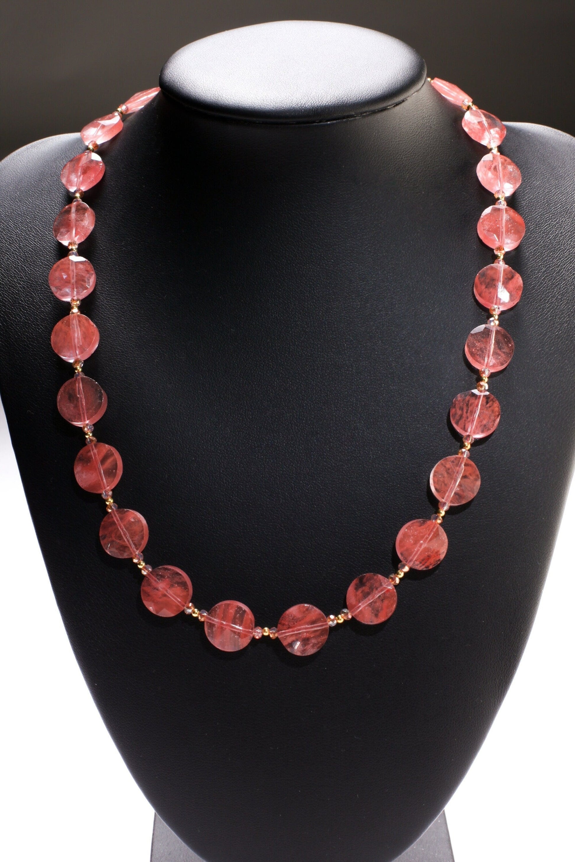 Watermelon Quartz Faceted 12mm Coin Shape in Strawberry Quartz 18.5&quot; Gold Necklace with 1.5&quot; Extension, Beautiful Summer Collection