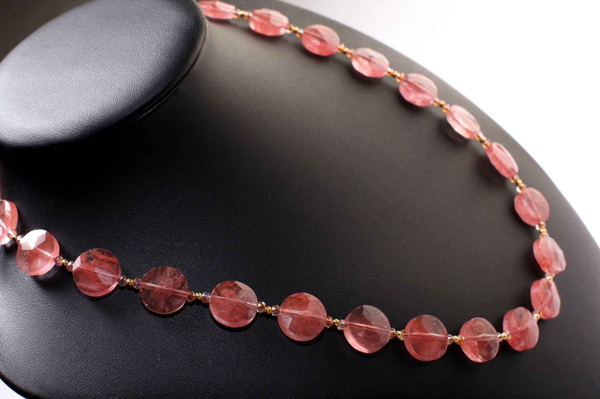 Watermelon Quartz Faceted 12mm Coin Shape in Strawberry Quartz 18.5&quot; Gold Necklace with 1.5&quot; Extension, Beautiful Summer Collection