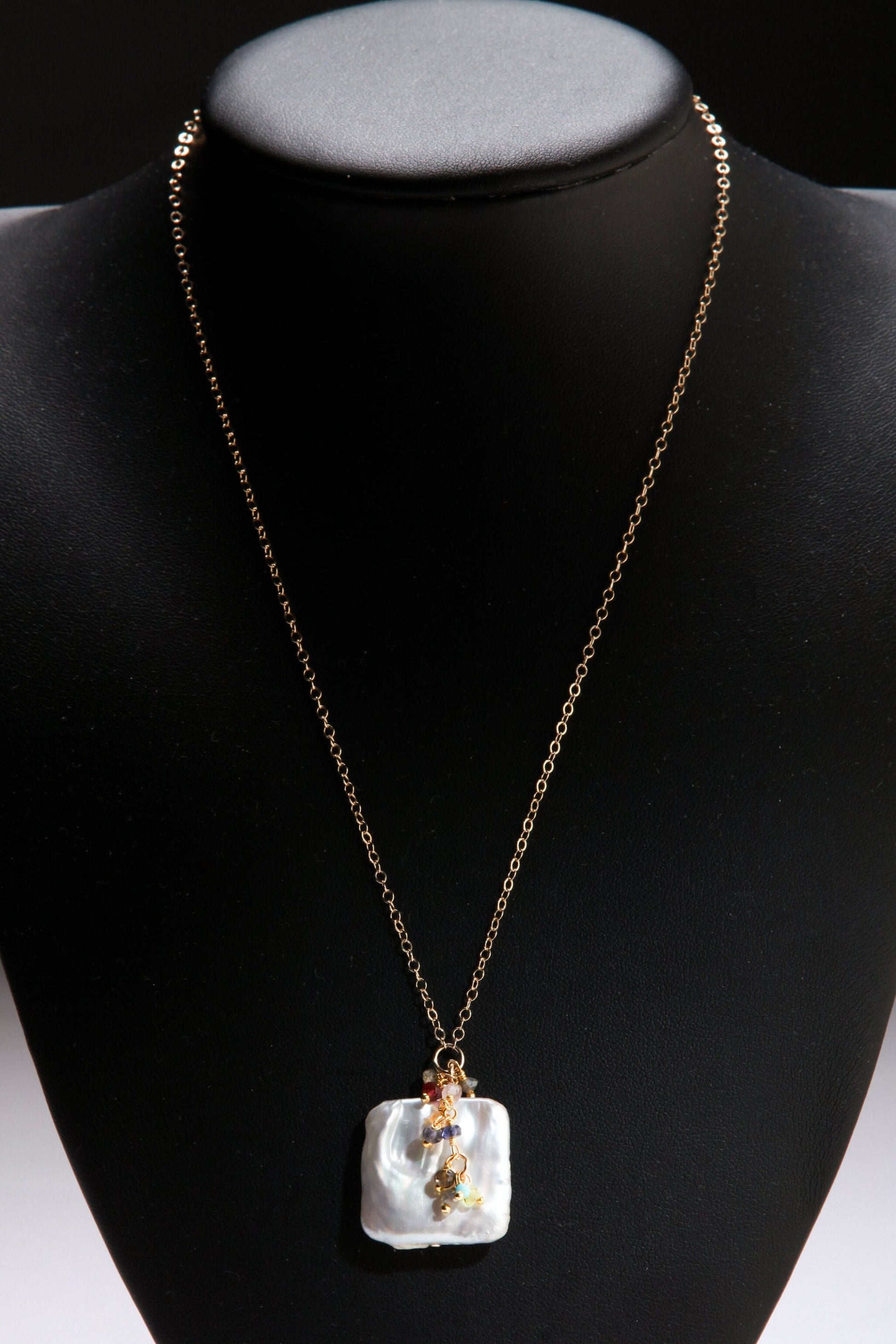 Baroque Pearl Necklace, Freshwater Square Baroque, Multi Gemstone Clusters, Iolite, Garnet, Peridot, Labradorite in 14K Gold Filled Necklace