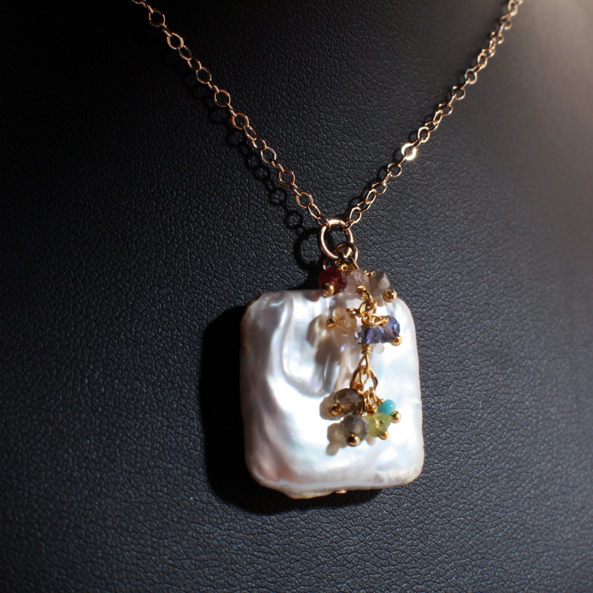 Baroque Pearl Necklace, Freshwater Square Baroque, Multi Gemstone Clusters, Iolite, Garnet, Peridot, Labradorite in 14K Gold Filled Necklace