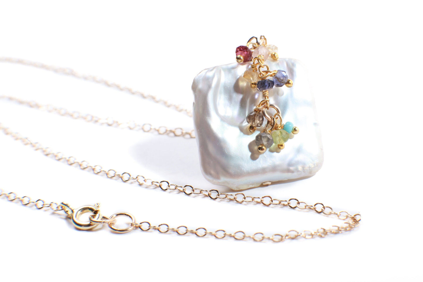 Baroque Pearl Necklace, Freshwater Square Baroque, Multi Gemstone Clusters, Iolite, Garnet, Peridot, Labradorite in 14K Gold Filled Necklace