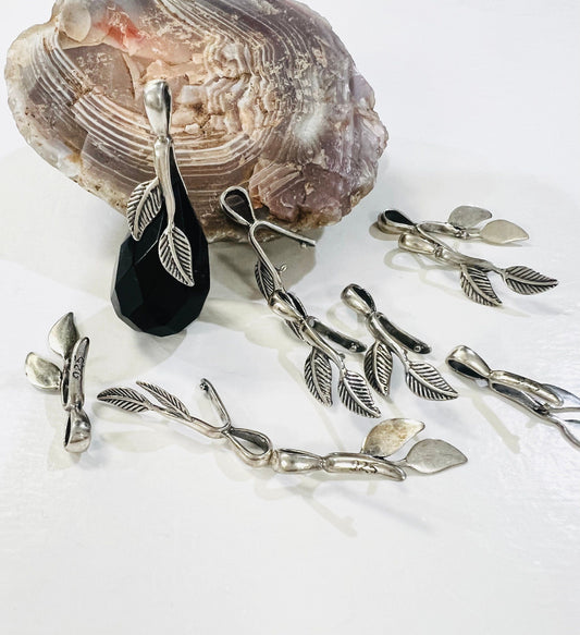 925 Sterling Silver Leaf bail, Vintage Handmade Thai Silver 25mm long Pinch Bails for Large Pendant Holder.,925 Stamped, 1 piece