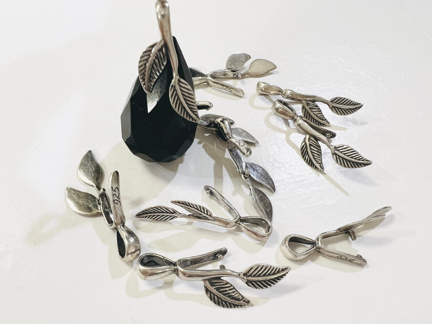 925 Sterling Silver Leaf bail, Vintage Handmade Thai Silver 25mm long Pinch Bails for Large Pendant Holder.,925 Stamped, 1 piece