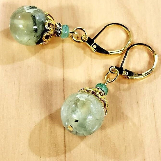 Natural Prehnite 12mm smooth round gold earrings. Beautiful elegant handmade minimalist natural gemstone earrings gift