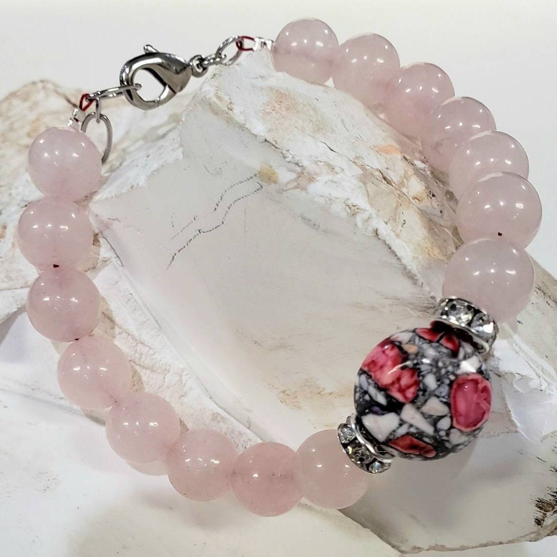 Rose Quartz 10mm round accent with pink Mosaic turquoise rhinestone roundel Rhodium Bracelets, love, Chakra healing, October Birthstone