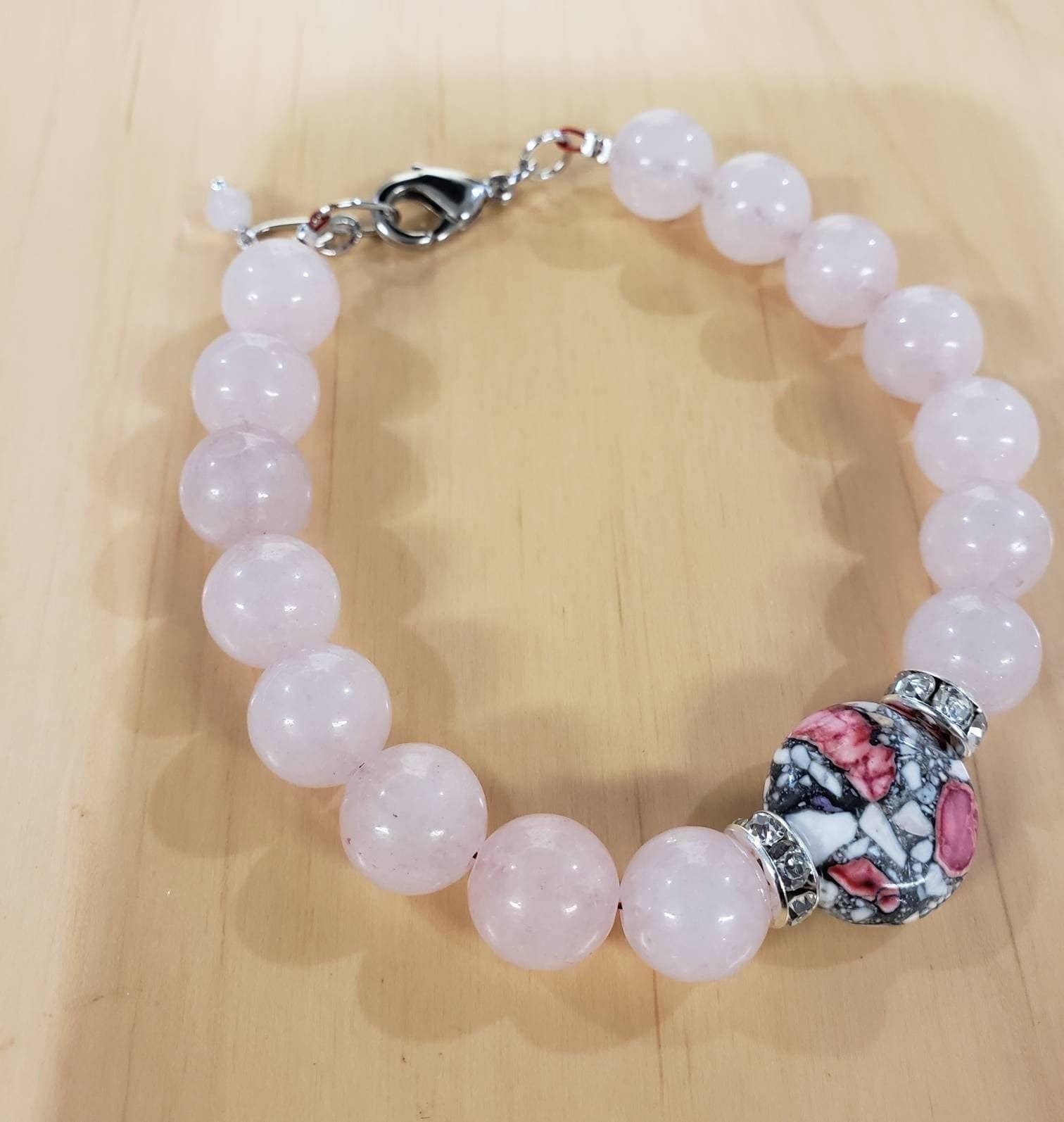 Rose Quartz 10mm round accent with pink Mosaic turquoise rhinestone roundel Rhodium Bracelets, love, Chakra healing, October Birthstone