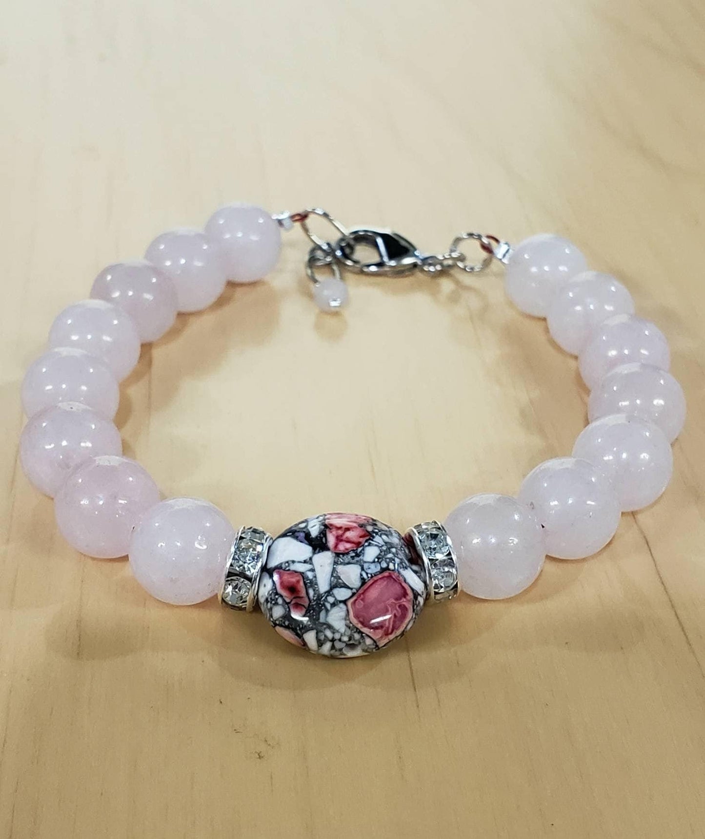 Rose Quartz 10mm round accent with pink Mosaic turquoise rhinestone roundel Rhodium Bracelets, love, Chakra healing, October Birthstone