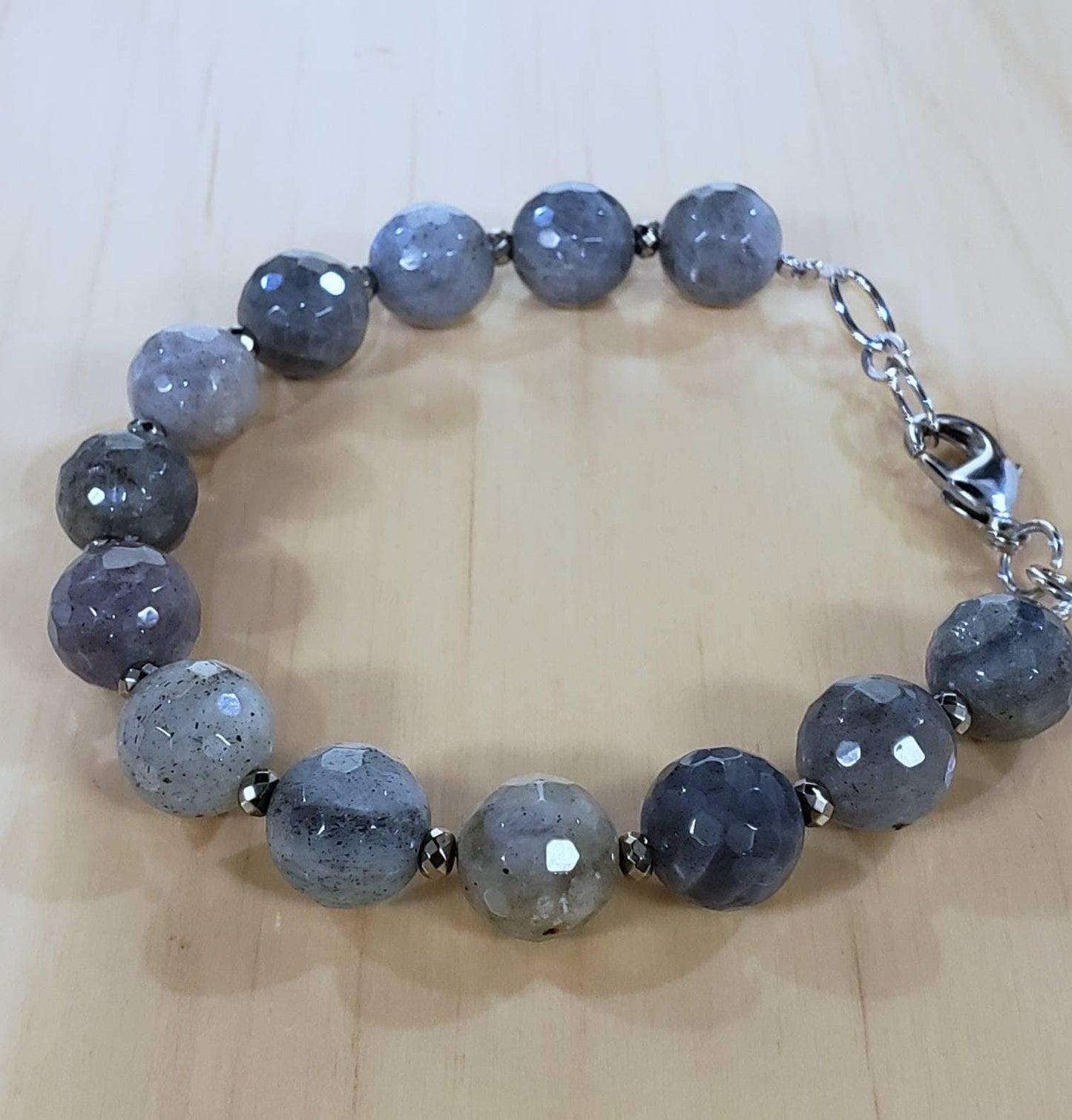 Labradorite 10mm faceted round pyrite accent matching Rhodium silver Clasp Bracelets, Gift for Man and Woman, Chakra, healing gems .