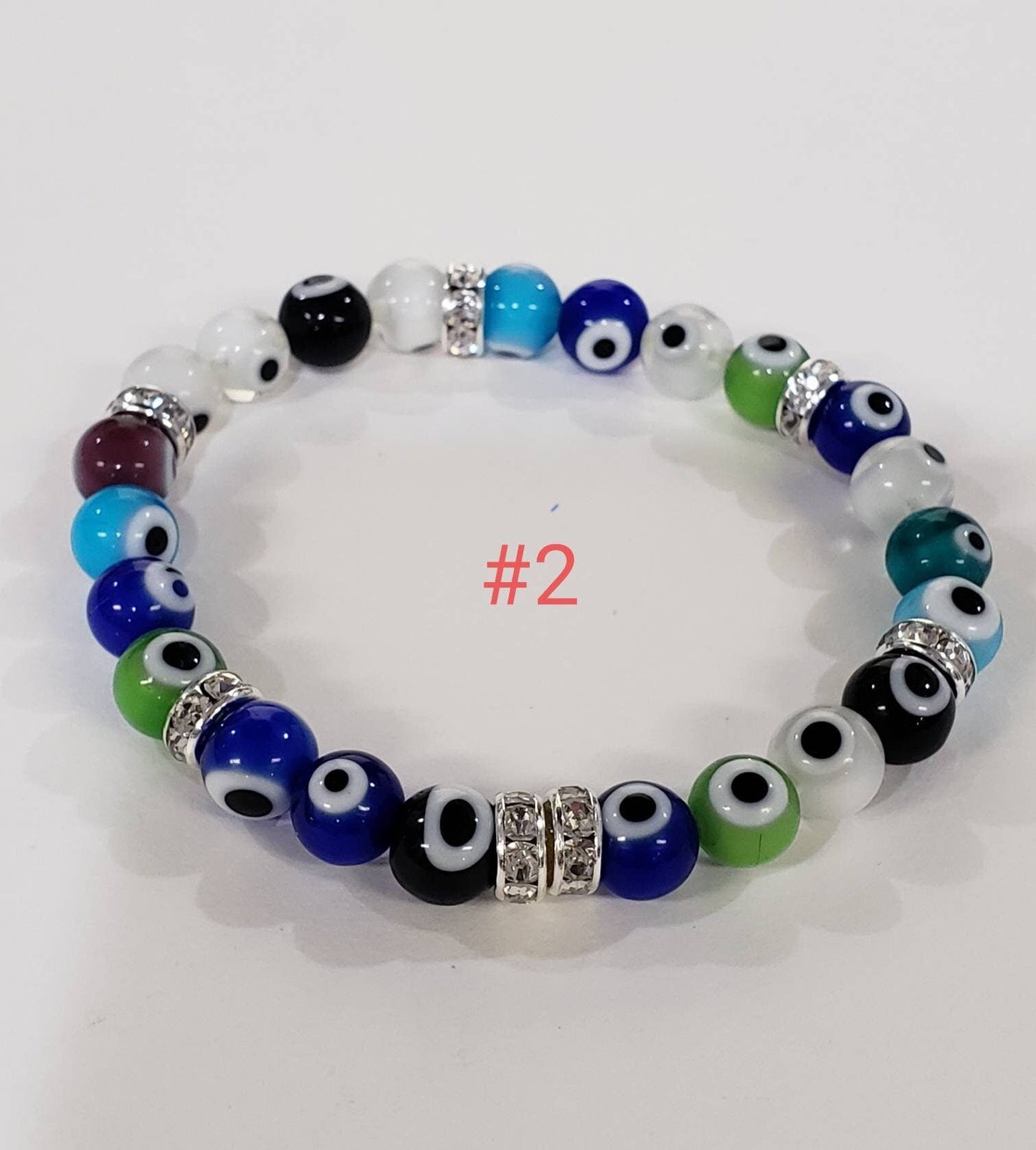 Evil Eye 8mm round protection Bracelet, stretchy with rhinestones roundel or without rhinestone. Man&#39;s woman gift, Chakra