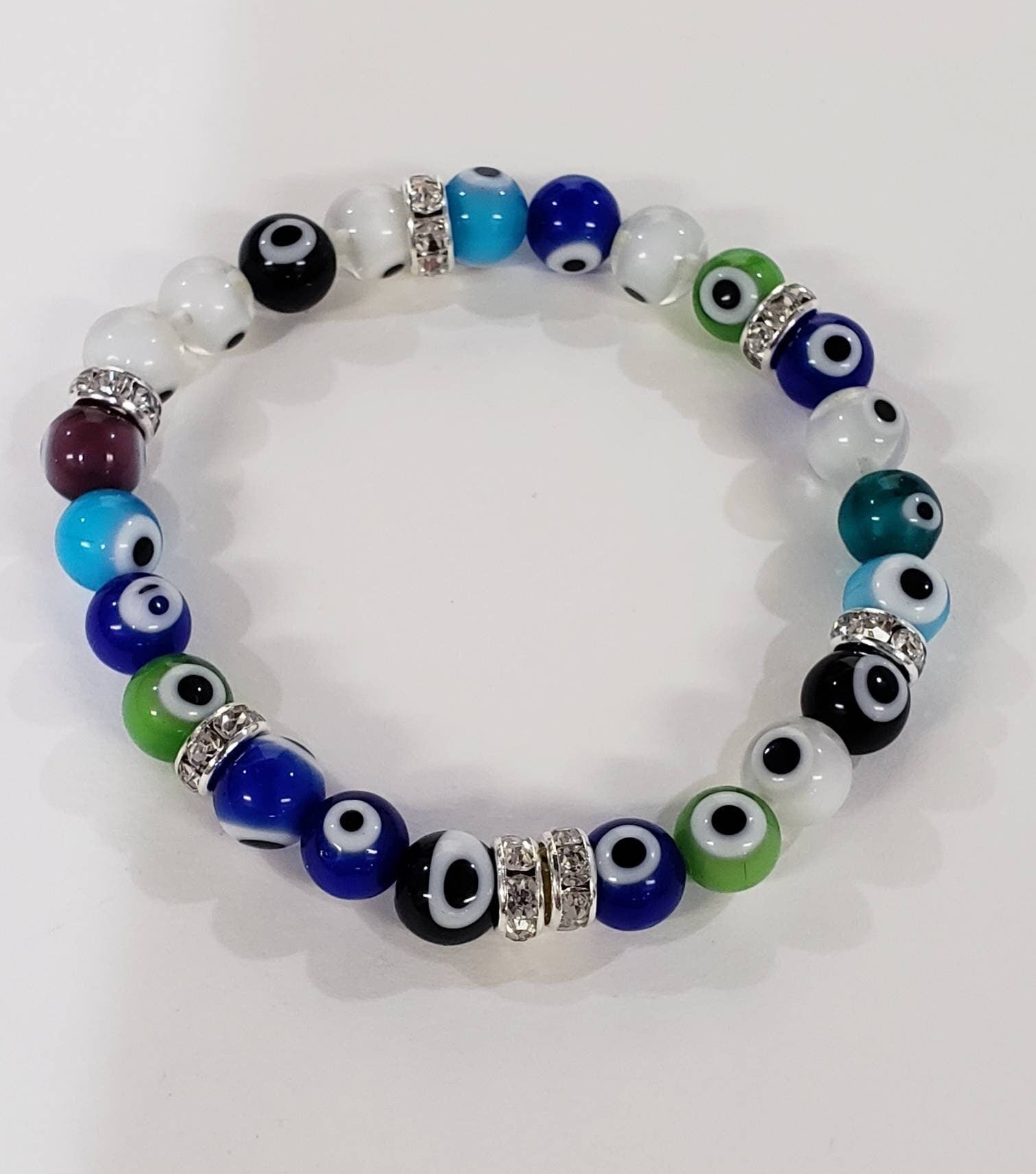 Evil Eye 8mm round protection Bracelet, stretchy with rhinestones roundel or without rhinestone. Man&#39;s woman gift, Chakra